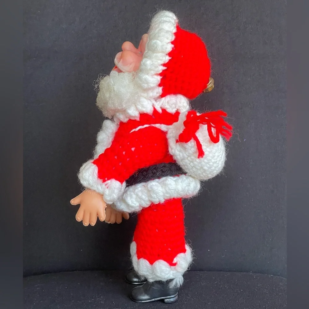 Vintage Crochet Santa Doll Pladtic Face Hands Boots 11” Jingle Bells Toy Sack